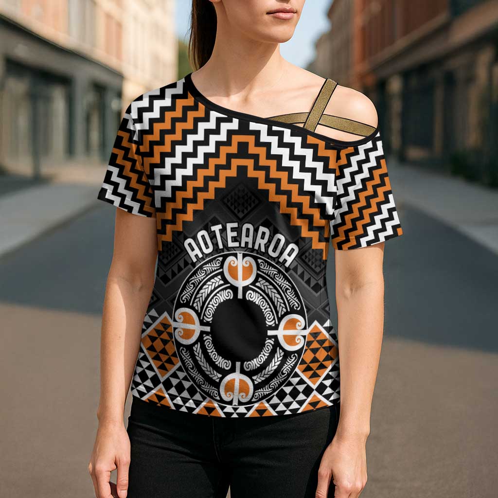 Personalised Aotearoa Niho Taniwha Motif Cross Shoulder Shirt Gold Style LT9 - Polynesian Pride