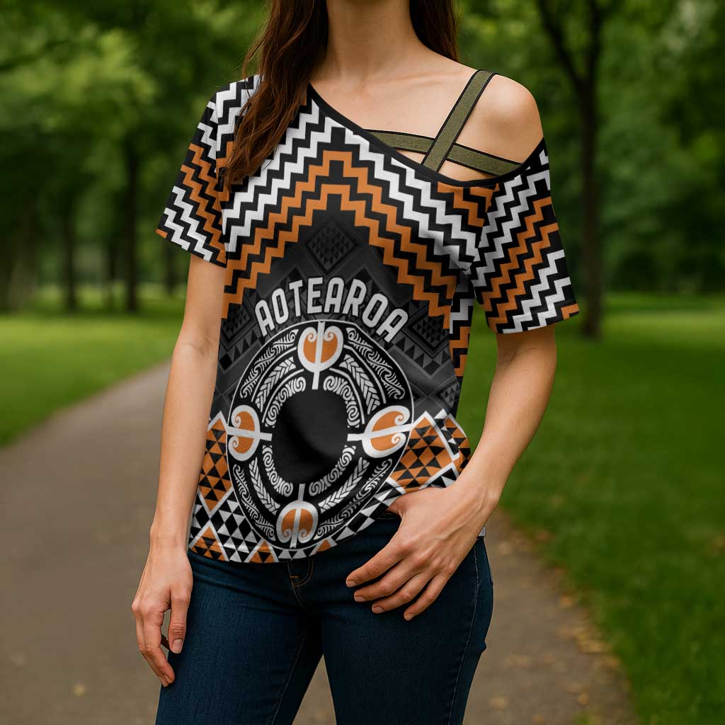 Personalised Aotearoa Niho Taniwha Motif Cross Shoulder Shirt Gold Style LT9 - Polynesian Pride