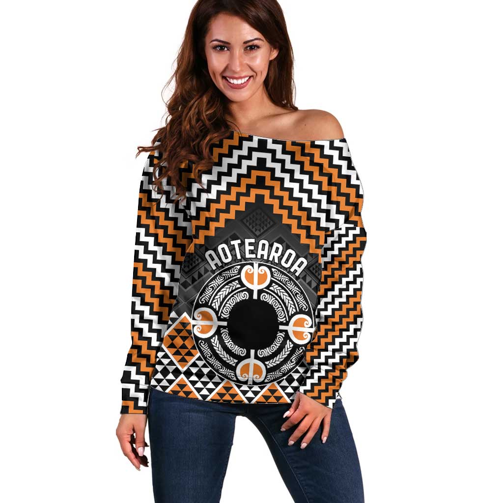Personalised Aotearoa Niho Taniwha Motif Off Shoulder Sweater Gold Style LT9 Women Gold - Polynesian Pride