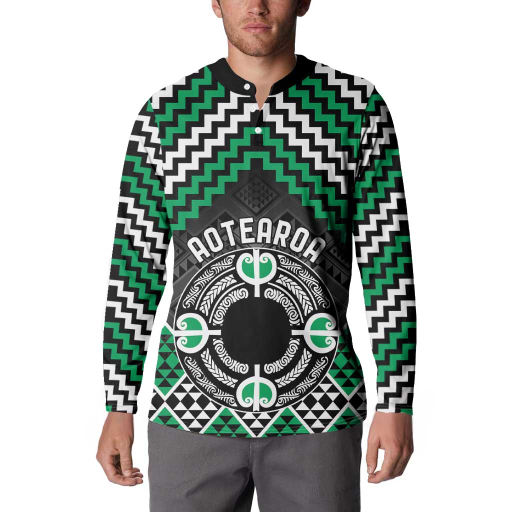 Personalised Aotearoa Niho Taniwha Motif Button Sweatshirt Green Style LT9 - Polynesian Pride