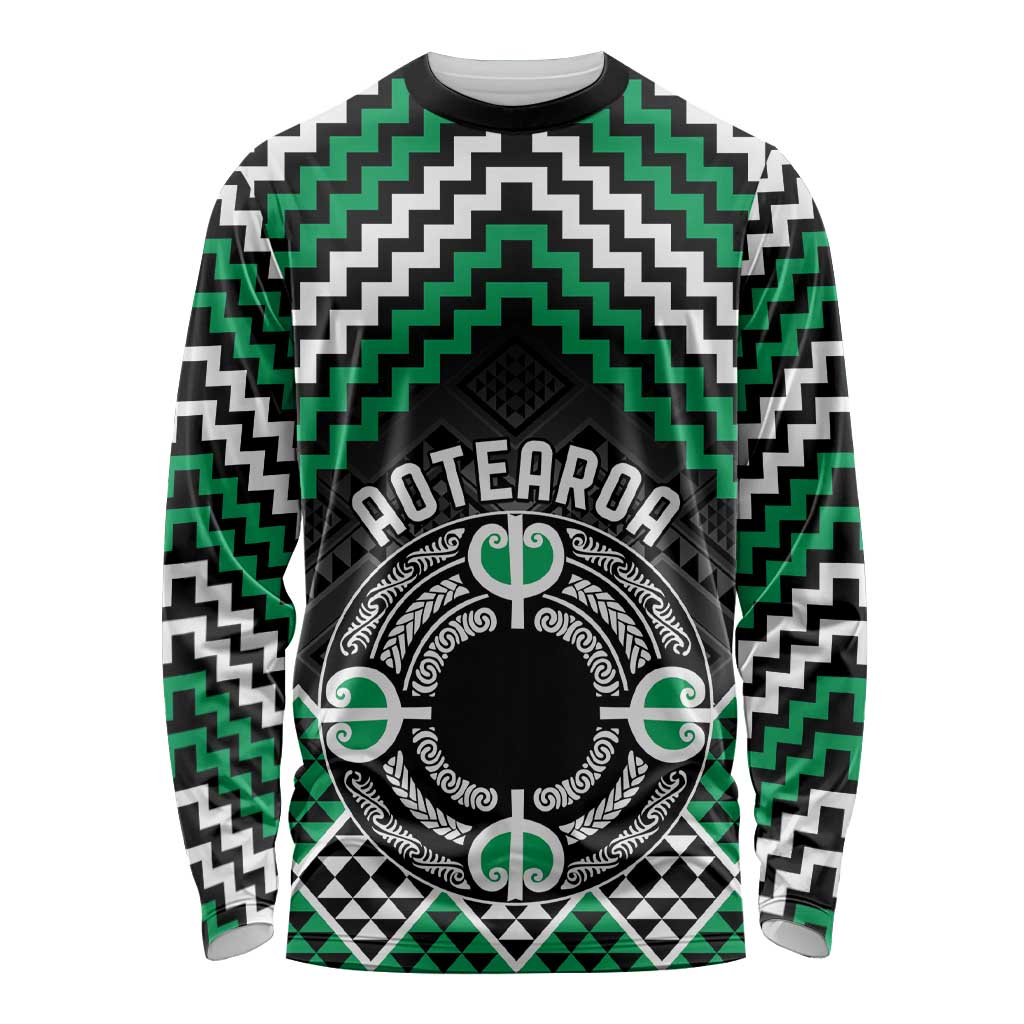 Personalised Aotearoa Niho Taniwha Motif Long Sleeve Shirt Green Style LT9 Unisex Green - Polynesian Pride
