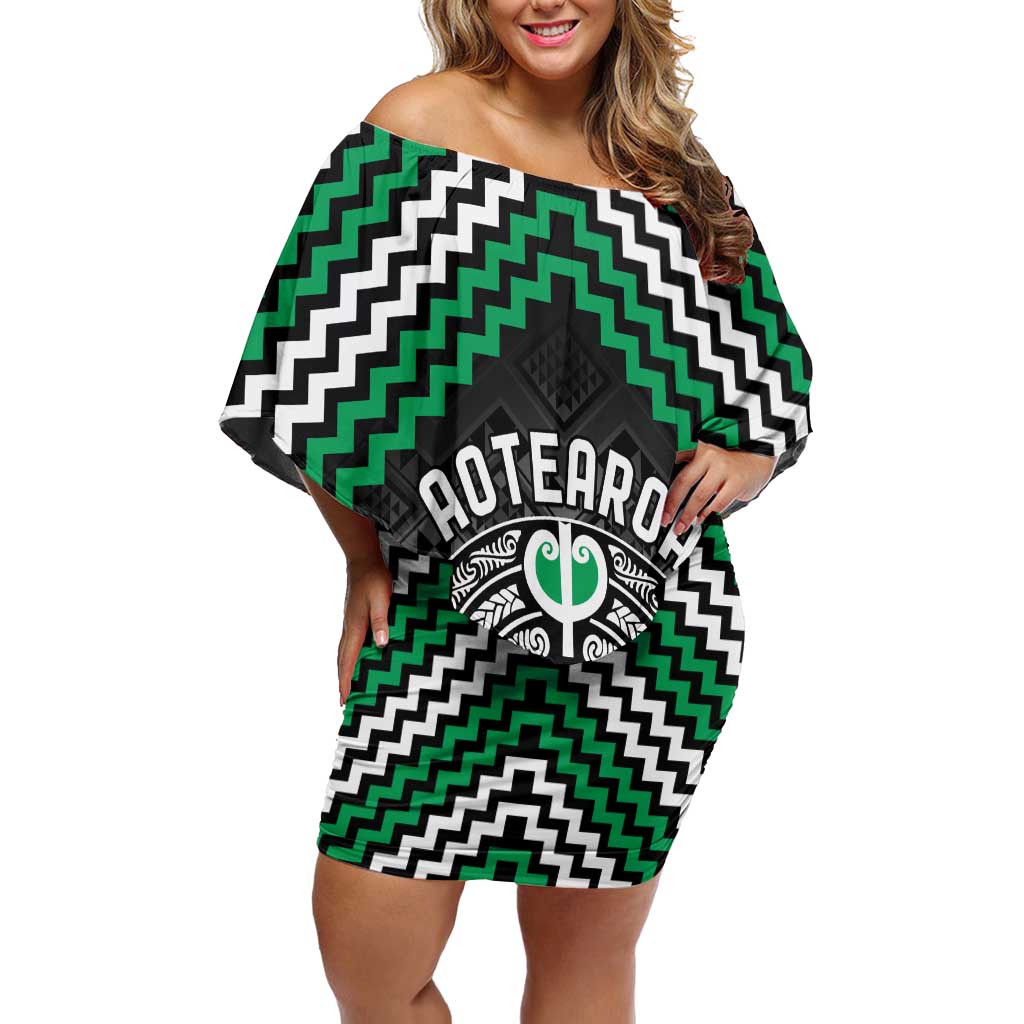 Personalised Aotearoa Niho Taniwha Motif Off Shoulder Short Dress Green Style LT9 Women Green - Polynesian Pride