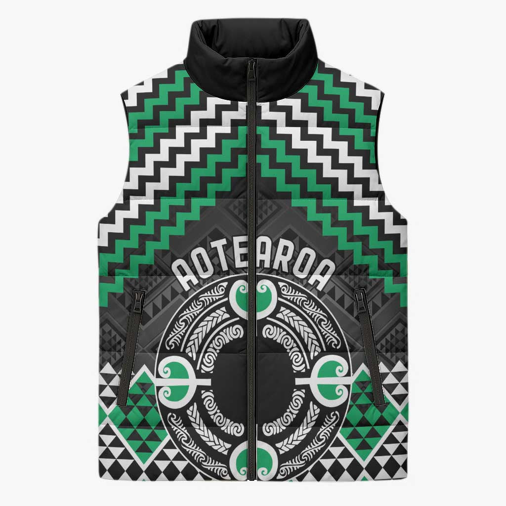 Personalised Aotearoa Niho Taniwha Motif Sleeveless Puffer Jacket Green Style LT9 Unisex Green - Polynesian Pride