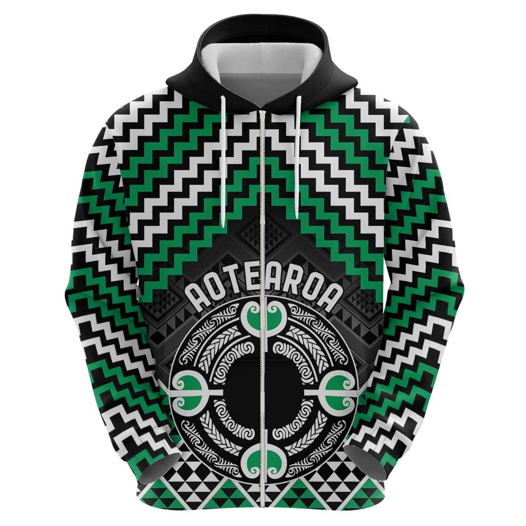 Personalised Aotearoa Niho Taniwha Motif Zip Hoodie Green Style LT9 - Polynesian Pride