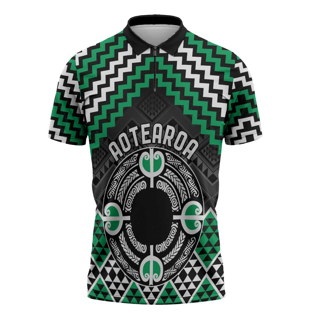 Personalised Aotearoa Niho Taniwha Motif Zipper Polo Shirt Green Style LT9 Green - Polynesian Pride