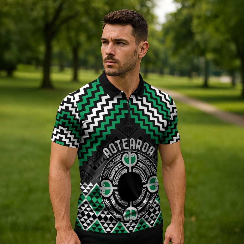 Personalised Aotearoa Niho Taniwha Motif Zipper Polo Shirt Green Style LT9 - Polynesian Pride