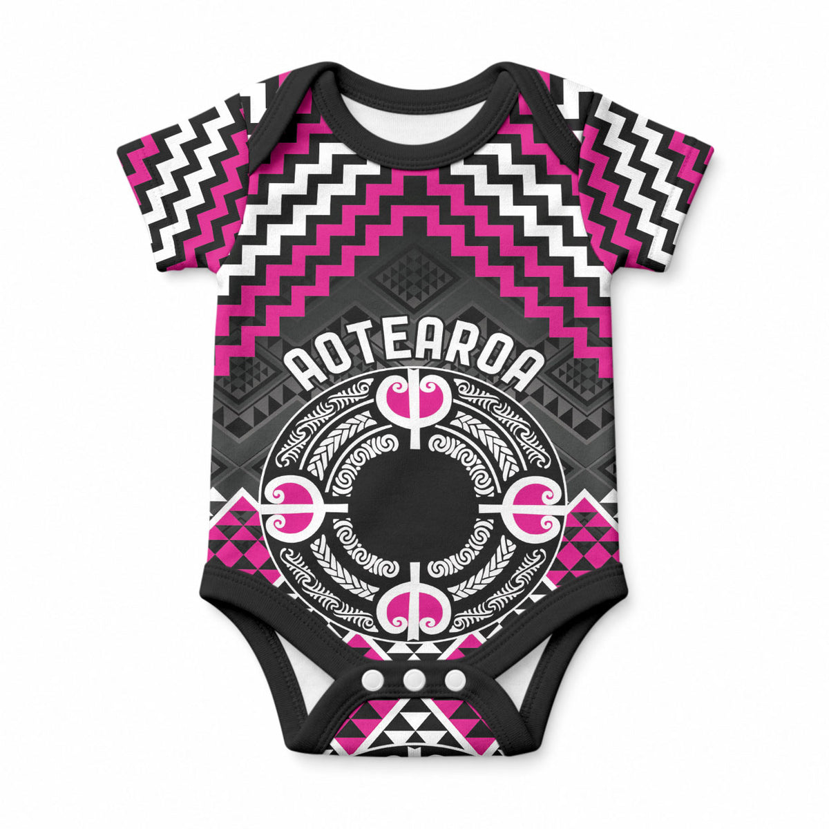 Personalised Aotearoa Niho Taniwha Motif Baby Onesie Pink Style LT9 Pink - Polynesian Pride