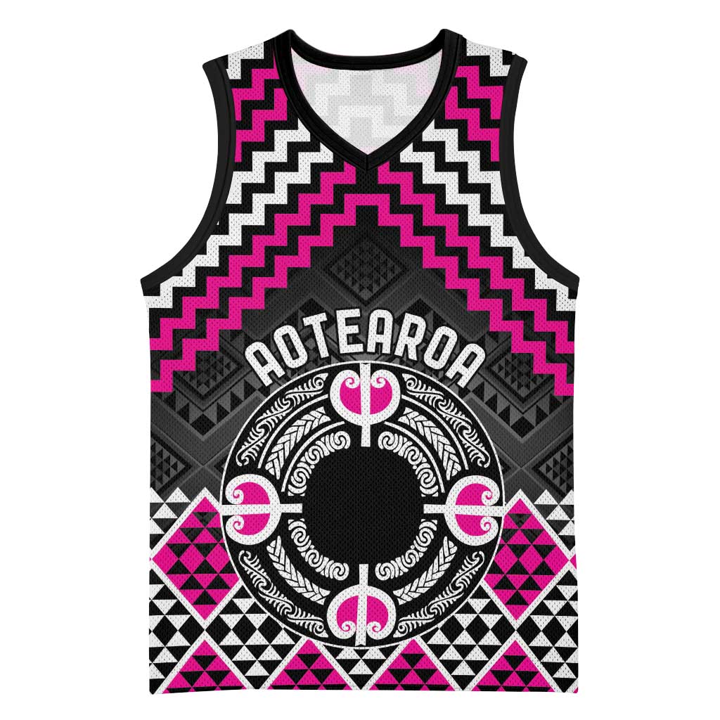 Personalised Aotearoa Niho Taniwha Motif Basketball Jersey Pink Style LT9 Unisex Pink - Polynesian Pride
