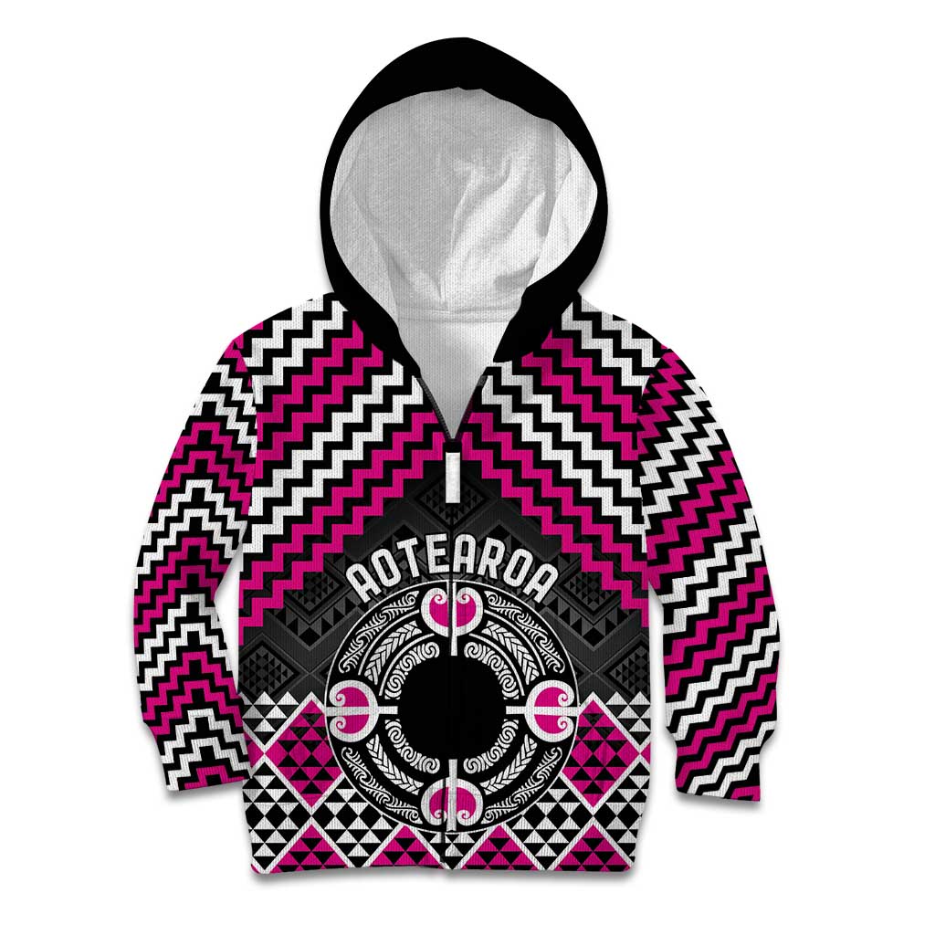 Personalised Aotearoa Niho Taniwha Motif Kid Hoodie Pink Style LT9 Zip Hoodie Pink - Polynesian Pride