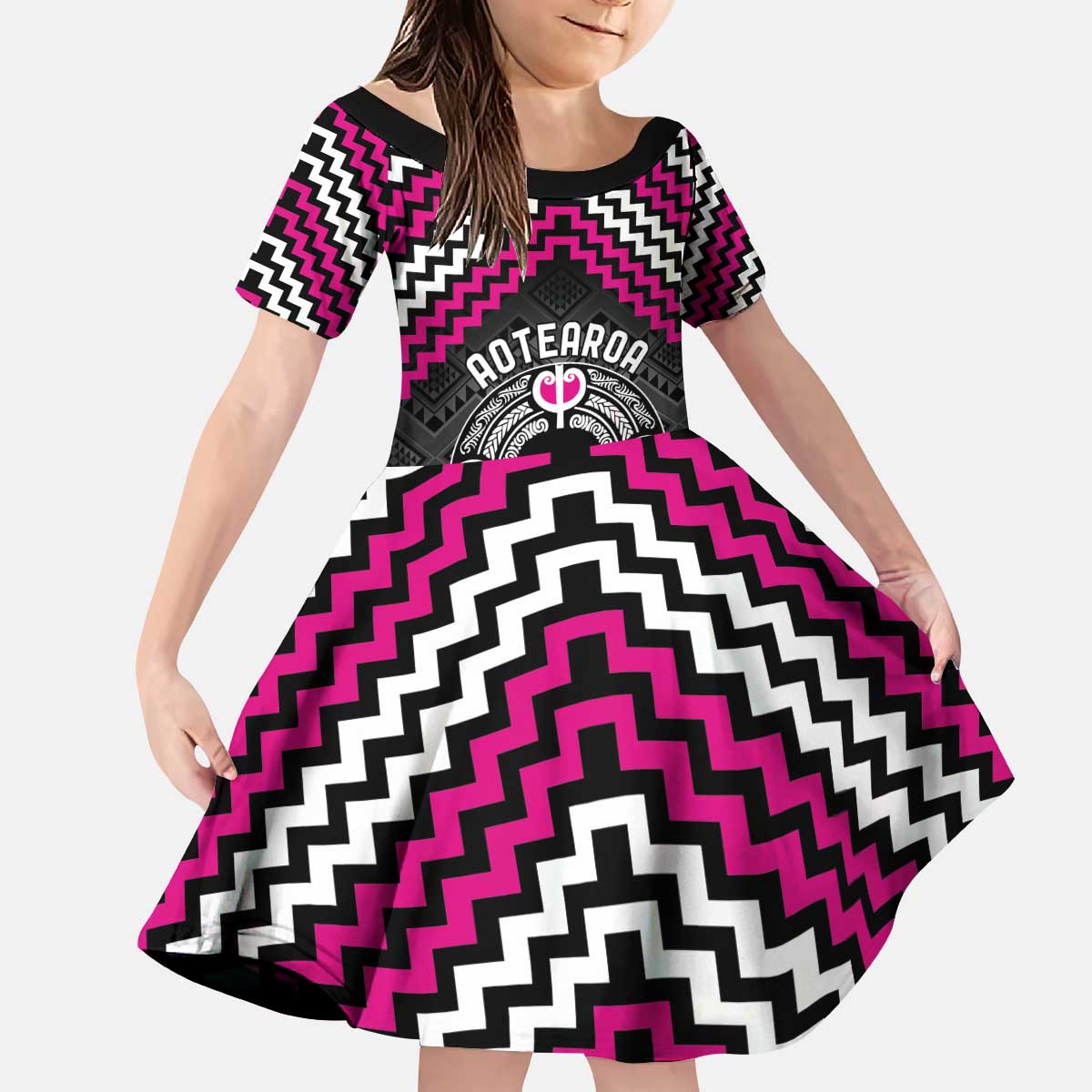 Personalised Aotearoa Niho Taniwha Motif Kid Short Sleeve Dress Pink Style LT9 KID Pink - Polynesian Pride