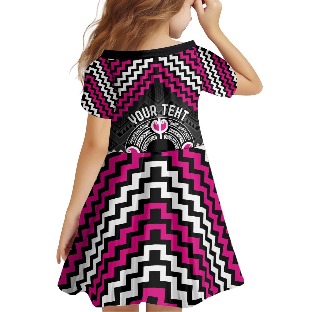 Personalised Aotearoa Niho Taniwha Motif Kid Short Sleeve Dress Pink Style LT9 - Polynesian Pride