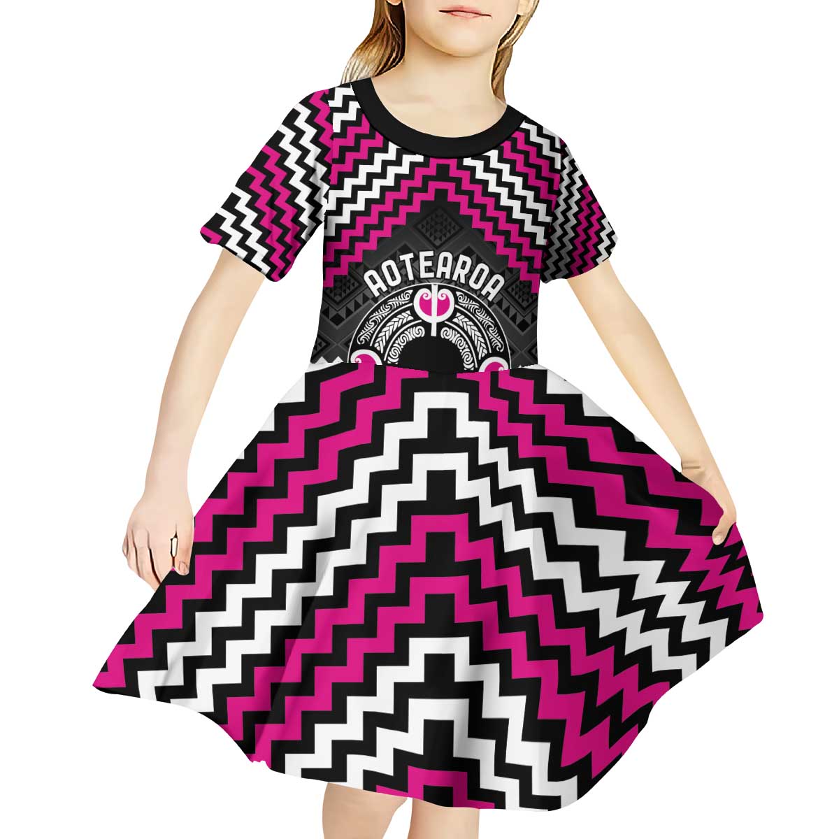Personalised Aotearoa Niho Taniwha Motif Kid Short Sleeve Dress Pink Style LT9 - Polynesian Pride