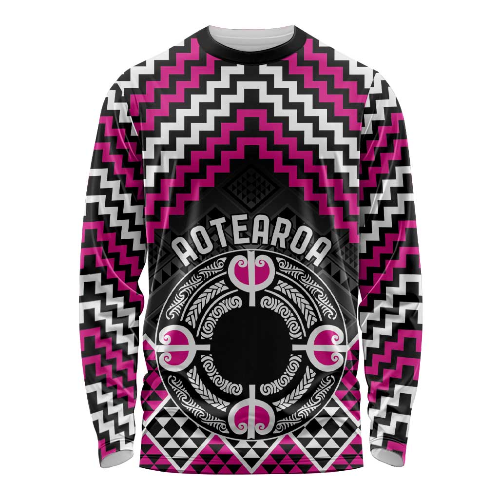 Personalised Aotearoa Niho Taniwha Motif Long Sleeve Shirt Pink Style LT9 Unisex Pink - Polynesian Pride