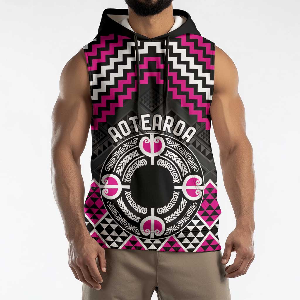 Personalised Aotearoa Niho Taniwha Motif Sleeveless Hoodie Pink Style LT9 - Polynesian Pride