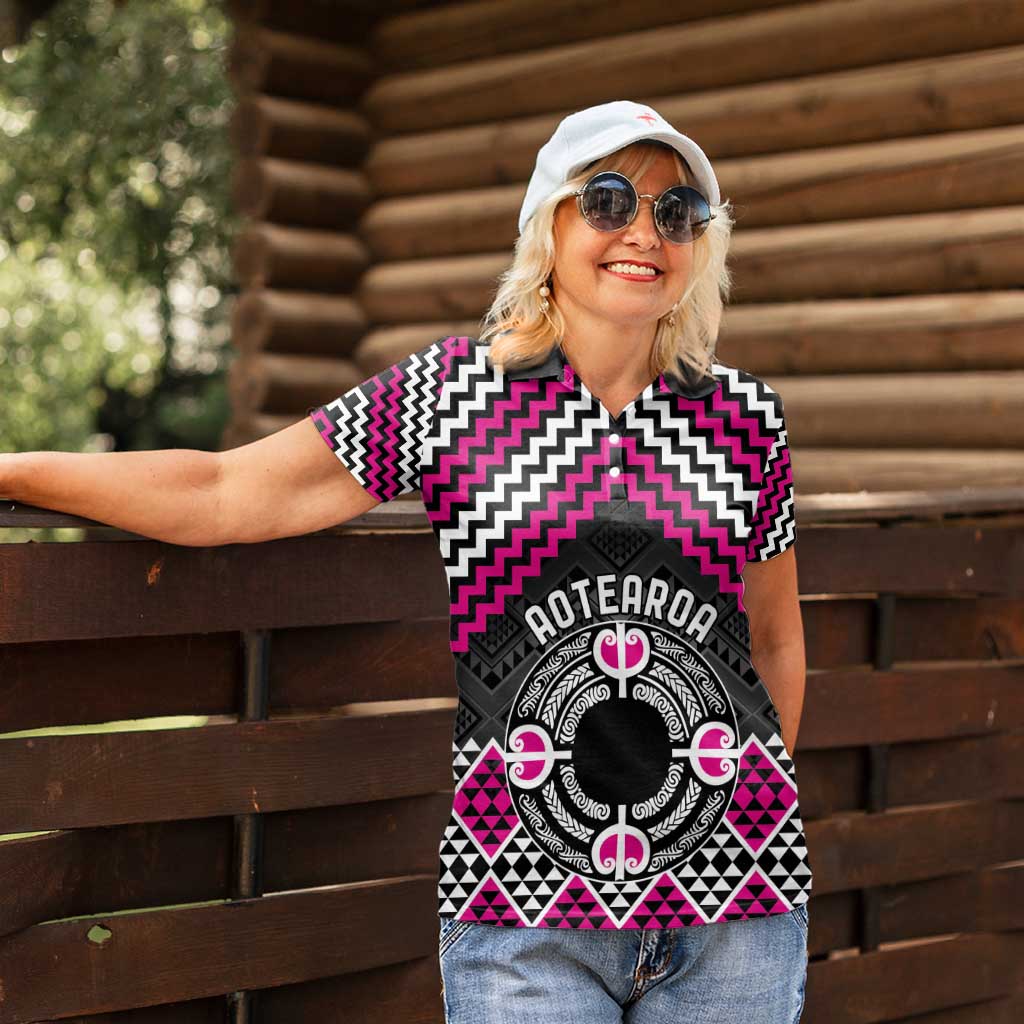 Personalised Aotearoa Niho Taniwha Motif Women Polo Shirt Pink Style LT9 - Polynesian Pride