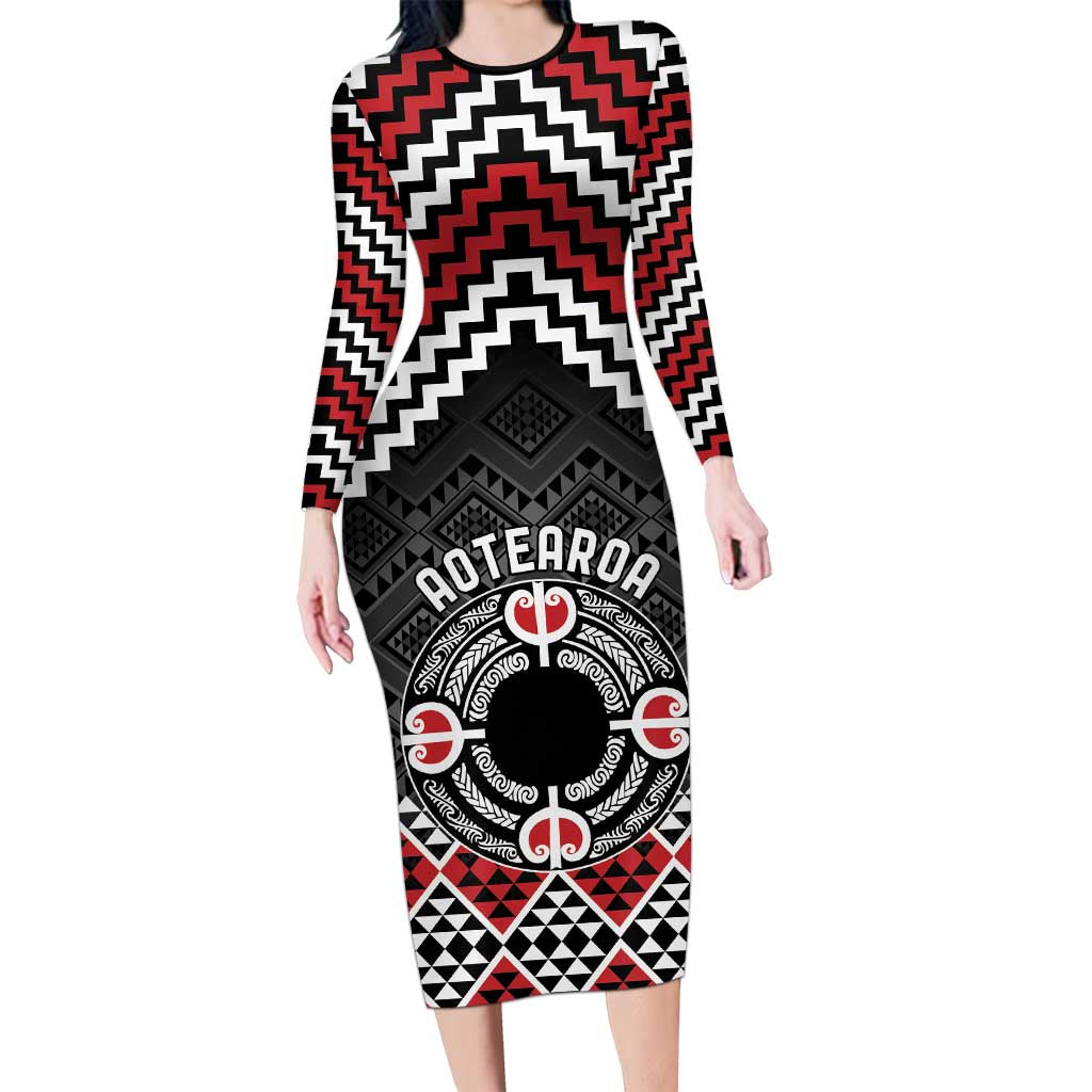 Personalised Aotearoa Niho Taniwha Motif Long Sleeve Bodycon Dress Red Style LT9 Long Dress Red - Polynesian Pride