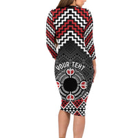 Personalised Aotearoa Niho Taniwha Motif Long Sleeve Bodycon Dress Red Style LT9 - Polynesian Pride
