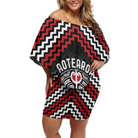 Personalised Aotearoa Niho Taniwha Motif Off Shoulder Short Dress Red Style LT9 Women Red - Polynesian Pride