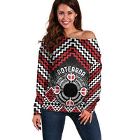 Personalised Aotearoa Niho Taniwha Motif Off Shoulder Sweater Red Style LT9 Women Red - Polynesian Pride