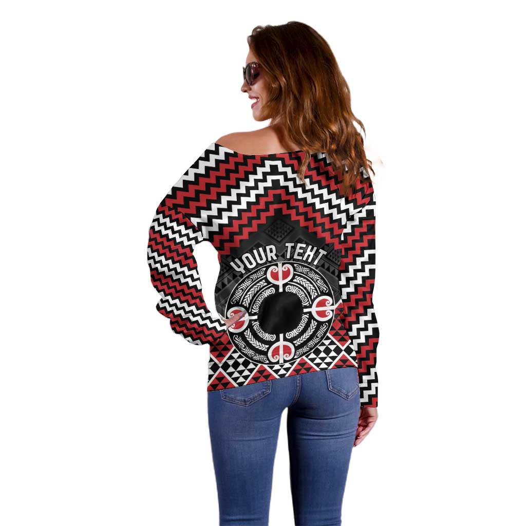Personalised Aotearoa Niho Taniwha Motif Off Shoulder Sweater Red Style LT9 - Polynesian Pride