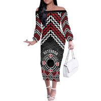 Personalised Aotearoa Niho Taniwha Motif Off The Shoulder Long Sleeve Dress Red Style LT9 Women Red - Polynesian Pride
