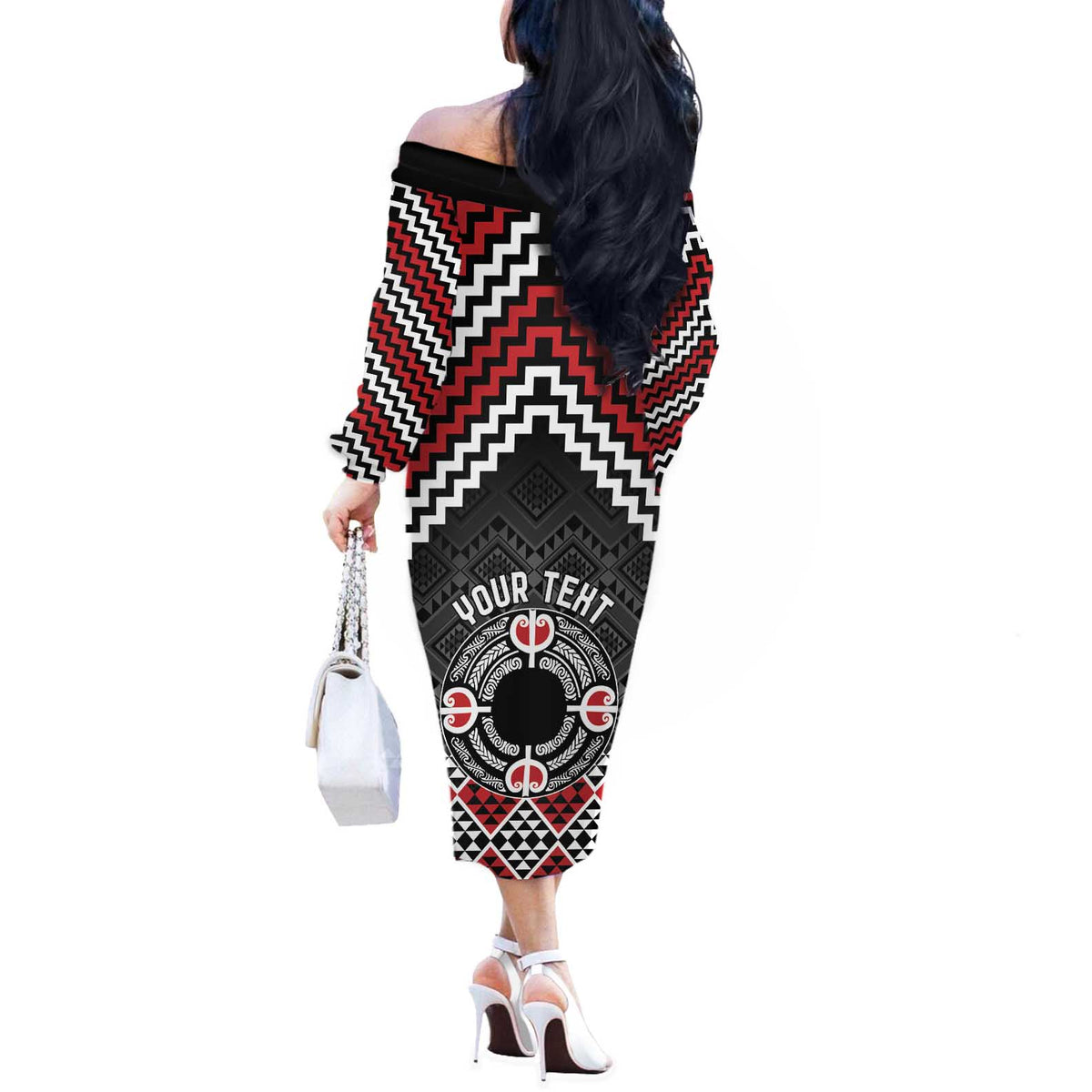Personalised Aotearoa Niho Taniwha Motif Off The Shoulder Long Sleeve Dress Red Style LT9 - Polynesian Pride