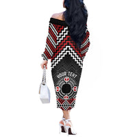 Personalised Aotearoa Niho Taniwha Motif Off The Shoulder Long Sleeve Dress Red Style LT9 - Polynesian Pride