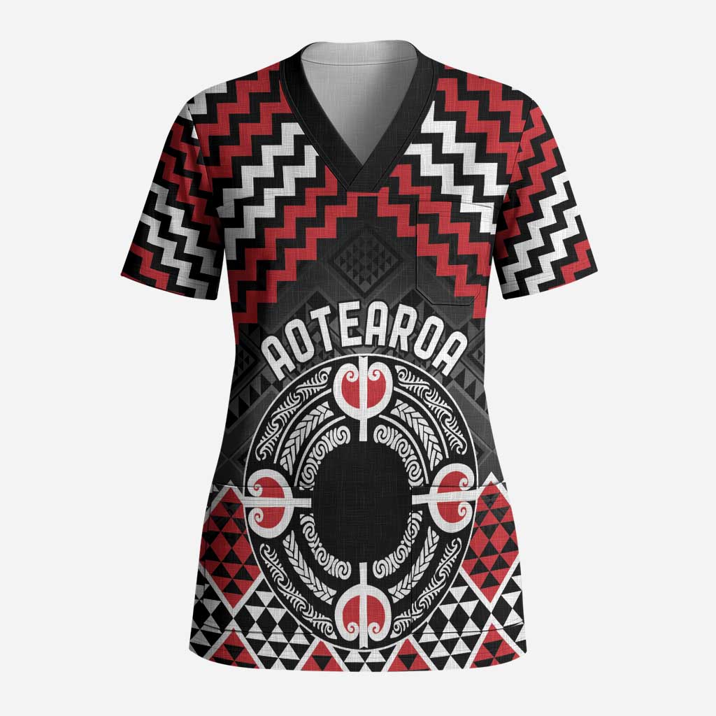 Personalised Aotearoa Niho Taniwha Motif Scrub Top Red Style LT9 Adult Red - Polynesian Pride