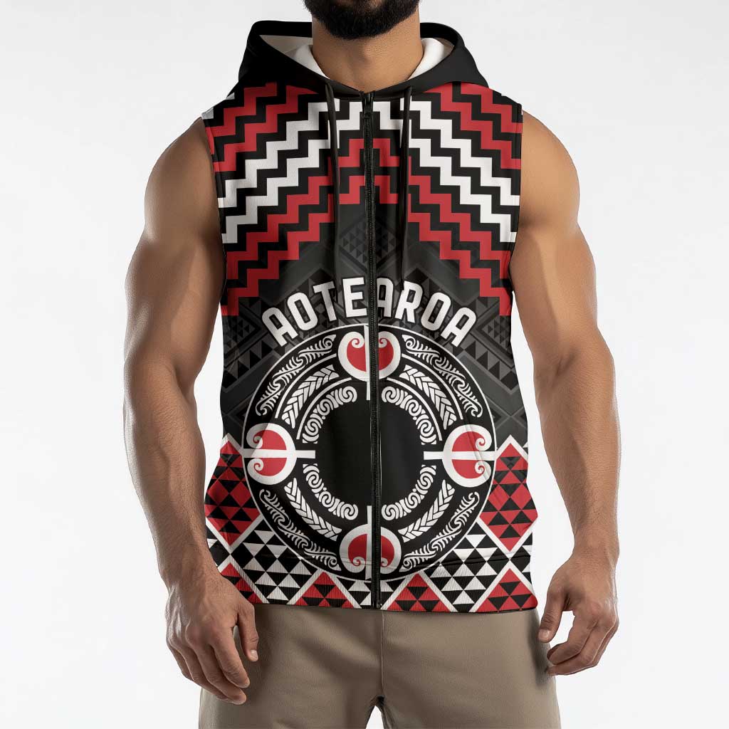 Personalised Aotearoa Niho Taniwha Motif Sleeveless Zip Hoodie Red Style LT9 - Polynesian Pride