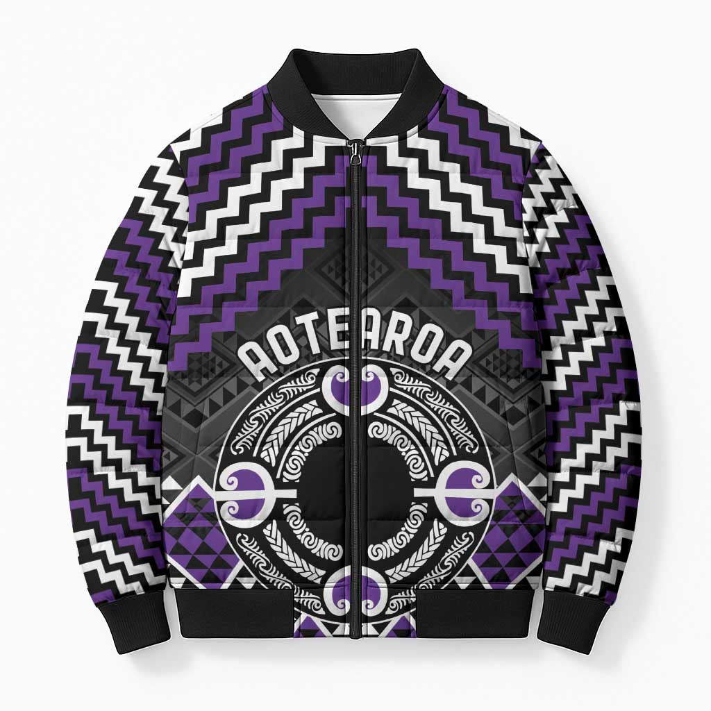 Personalised Aotearoa Niho Taniwha Motif Bomber Puffer Jacket Violet Style LT9 Unisex Violet - Polynesian Pride