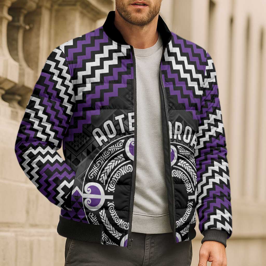 Personalised Aotearoa Niho Taniwha Motif Bomber Puffer Jacket Violet Style LT9 - Polynesian Pride