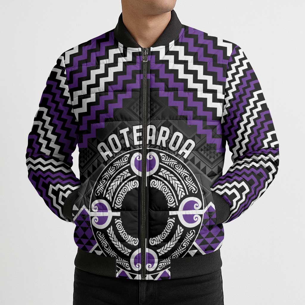Personalised Aotearoa Niho Taniwha Motif Bomber Puffer Jacket Violet Style LT9 - Polynesian Pride