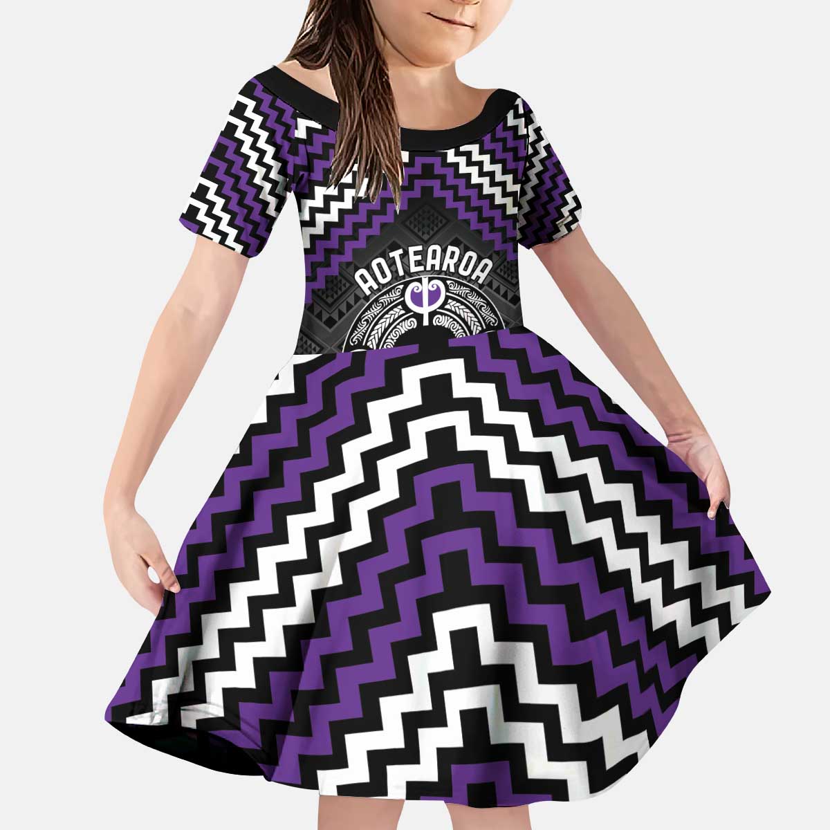 Personalised Aotearoa Niho Taniwha Motif Kid Short Sleeve Dress Violet Style LT9 KID Violet - Polynesian Pride