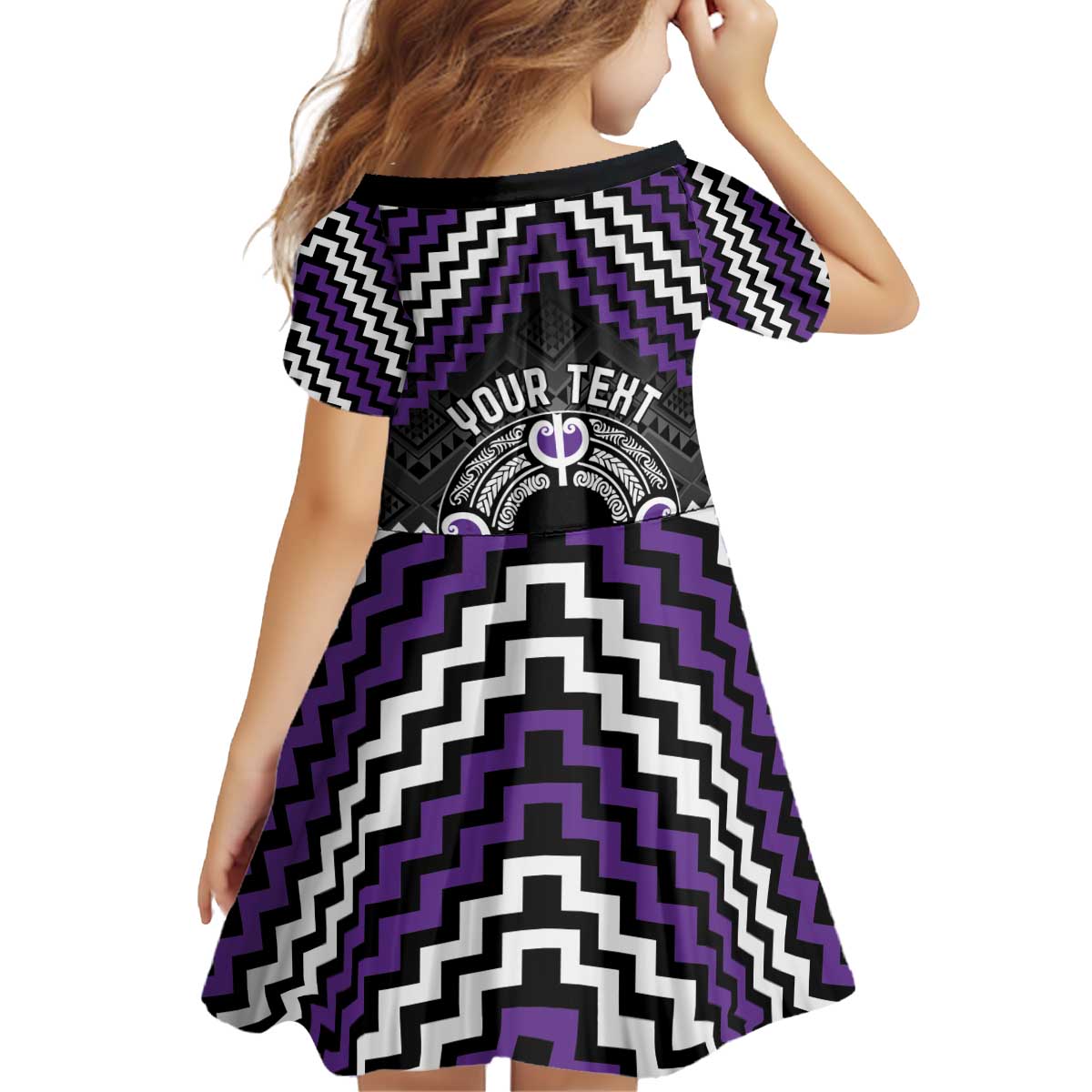 Personalised Aotearoa Niho Taniwha Motif Kid Short Sleeve Dress Violet Style LT9 - Polynesian Pride