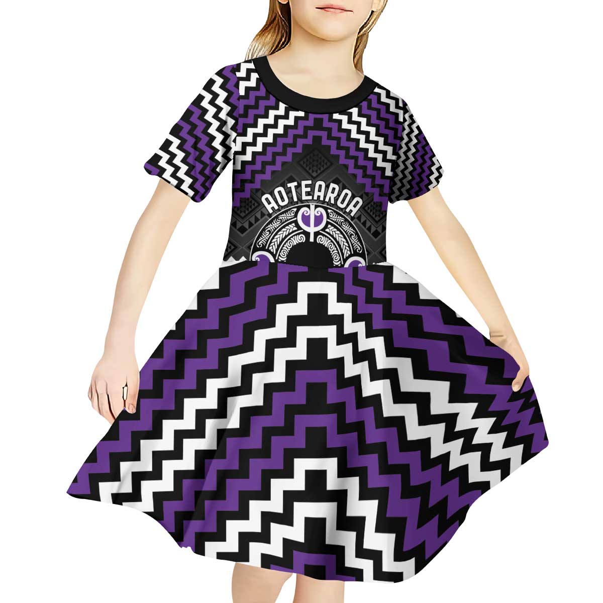 Personalised Aotearoa Niho Taniwha Motif Kid Short Sleeve Dress Violet Style LT9 - Polynesian Pride