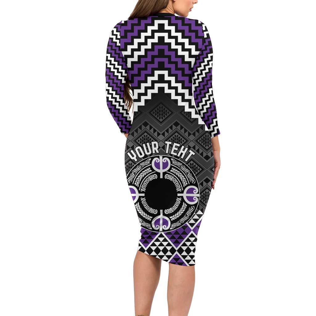 Personalised Aotearoa Niho Taniwha Motif Long Sleeve Bodycon Dress Violet Style LT9 - Polynesian Pride