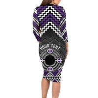 Personalised Aotearoa Niho Taniwha Motif Long Sleeve Bodycon Dress Violet Style LT9 - Polynesian Pride