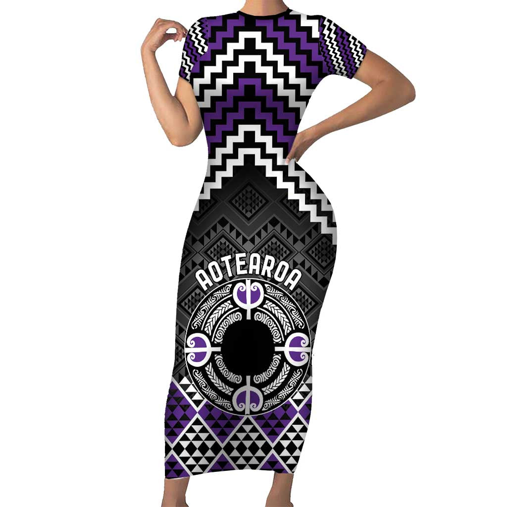 Personalised Aotearoa Niho Taniwha Motif Short Sleeve Bodycon Dress Violet Style LT9 Long Dress Violet - Polynesian Pride