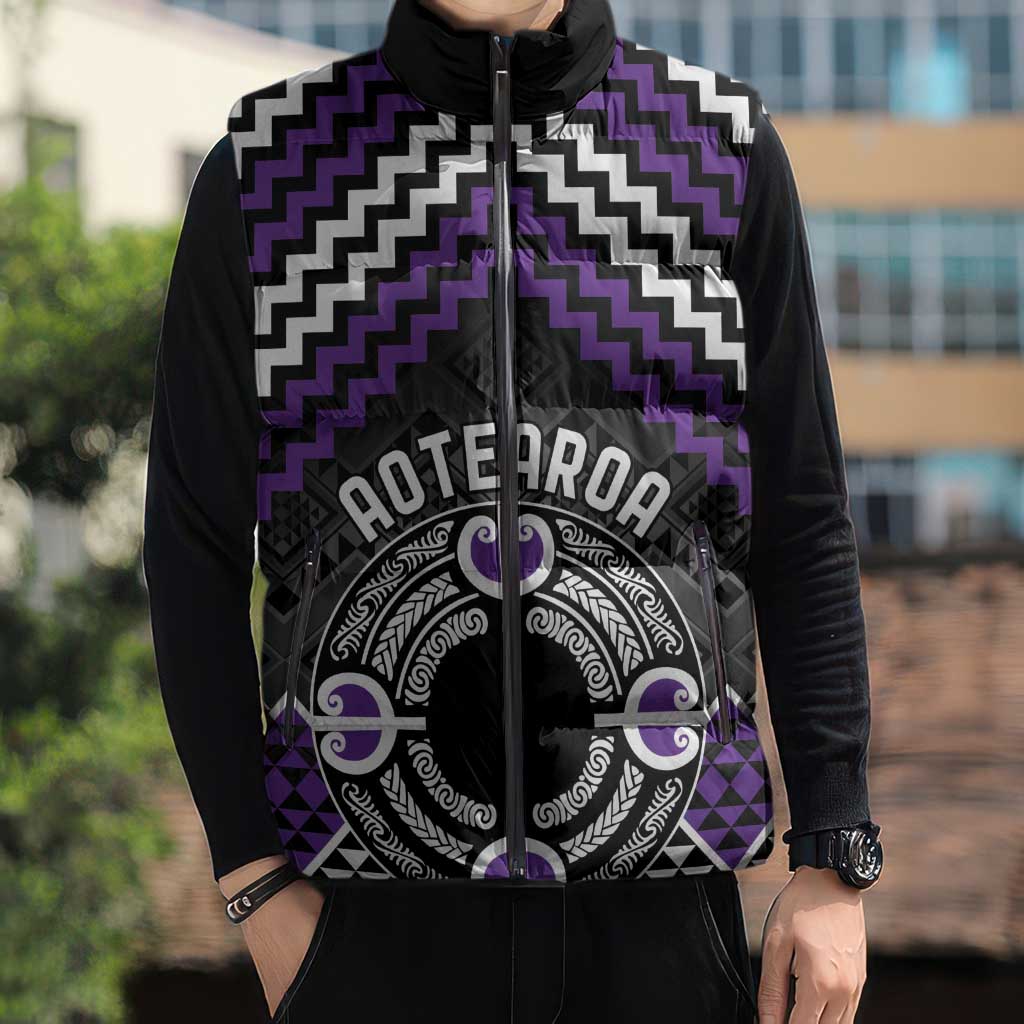 Personalised Aotearoa Niho Taniwha Motif Sleeveless Puffer Jacket Violet Style LT9 - Polynesian Pride