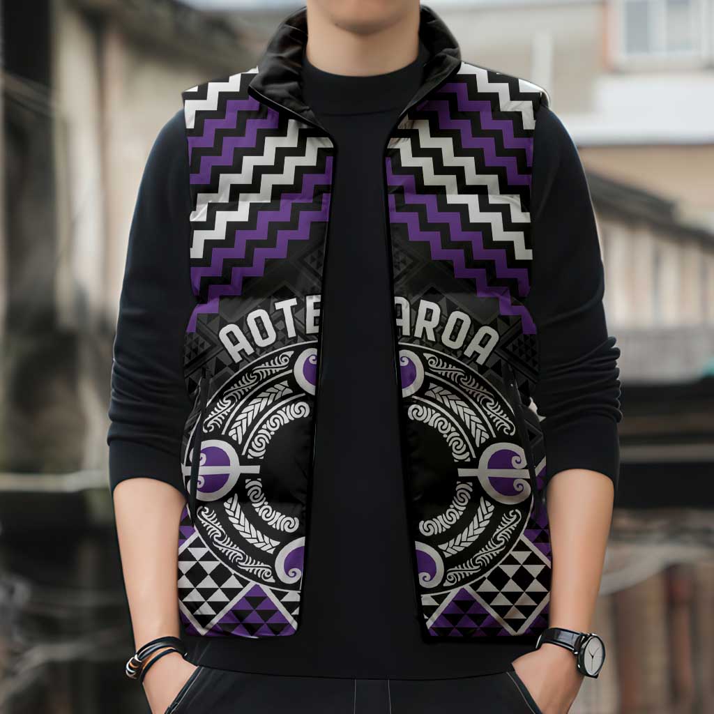 Personalised Aotearoa Niho Taniwha Motif Sleeveless Puffer Jacket Violet Style LT9 - Polynesian Pride