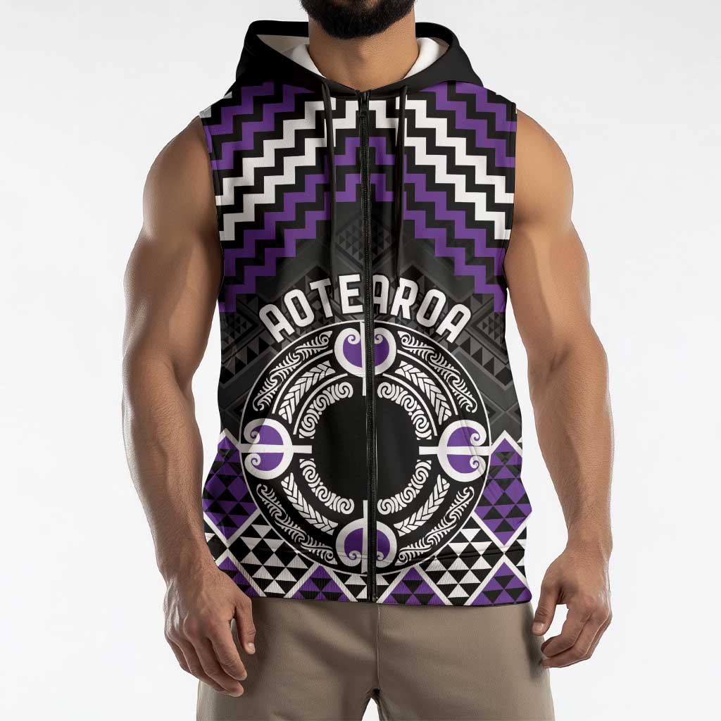 Personalised Aotearoa Niho Taniwha Motif Sleeveless Zip Hoodie Violet Style LT9 - Polynesian Pride
