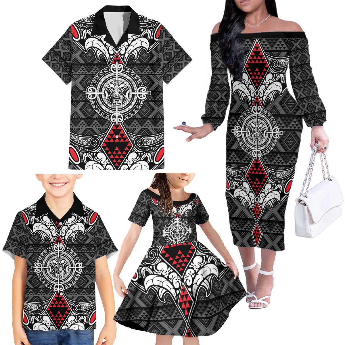 Black Aotearoa Tanilo Motif Family Matching Off The Shoulder Long Sleeve Dress and Hawaiian Shirt Vintage Maori New Zealand Tribal Art Pattern