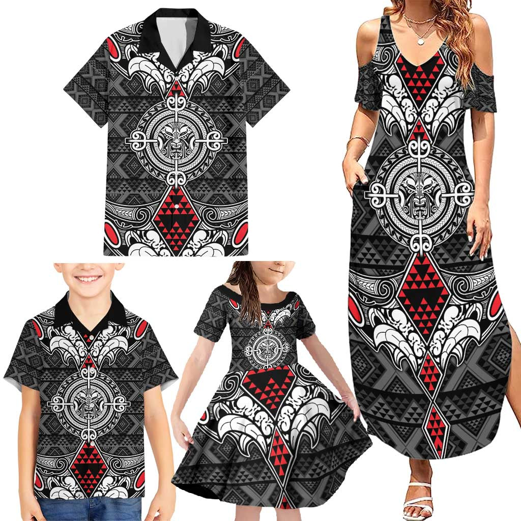 Black Aotearoa Tanilo Motif Family Matching Summer Maxi Dress and Hawaiian Shirt Vintage Maori New Zealand Tribal Art Pattern