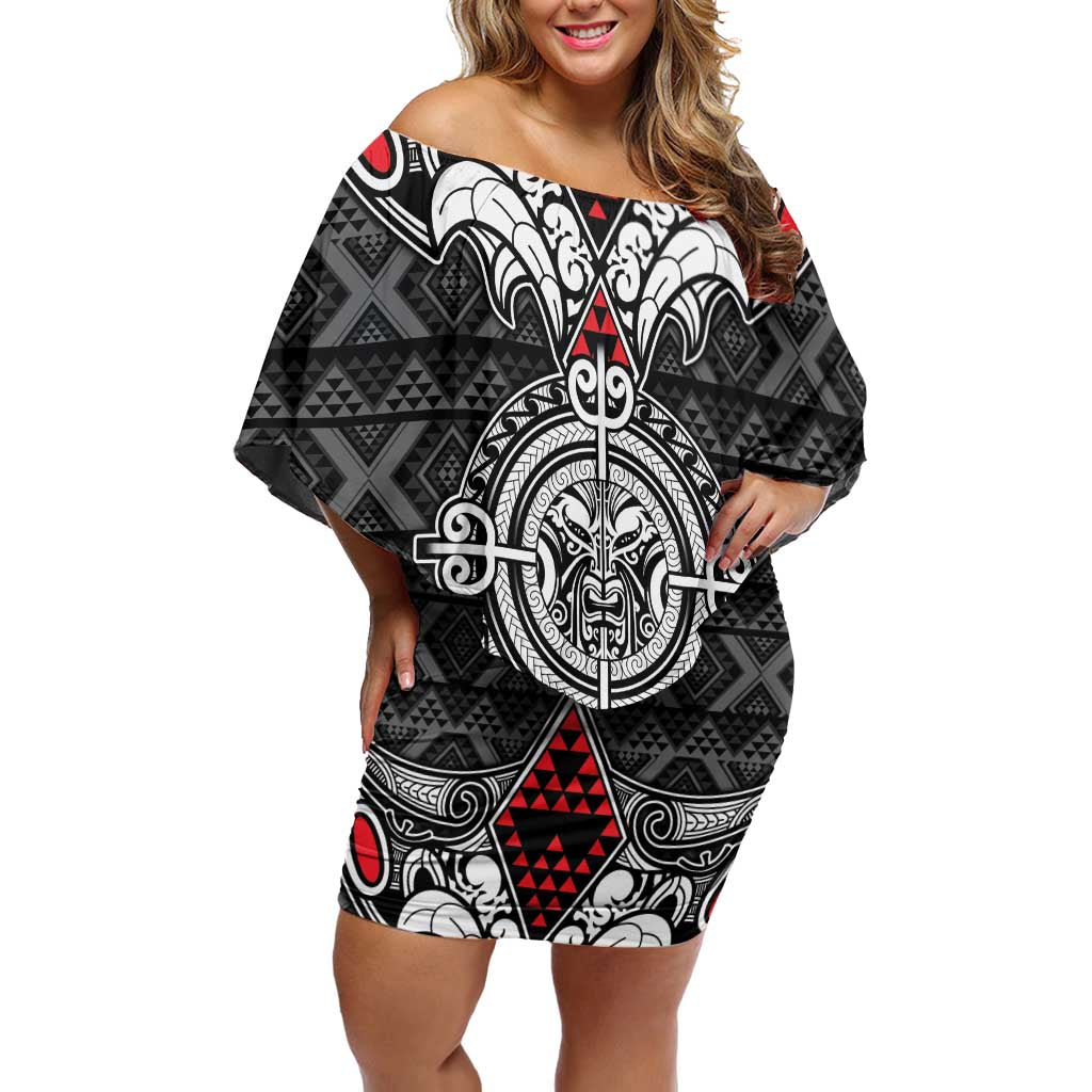 Black Aotearoa Tanilo Motif Off Shoulder Short Dress Vintage Maori New Zealand Tribal Art Pattern LT9 Women Black - Polynesian Pride