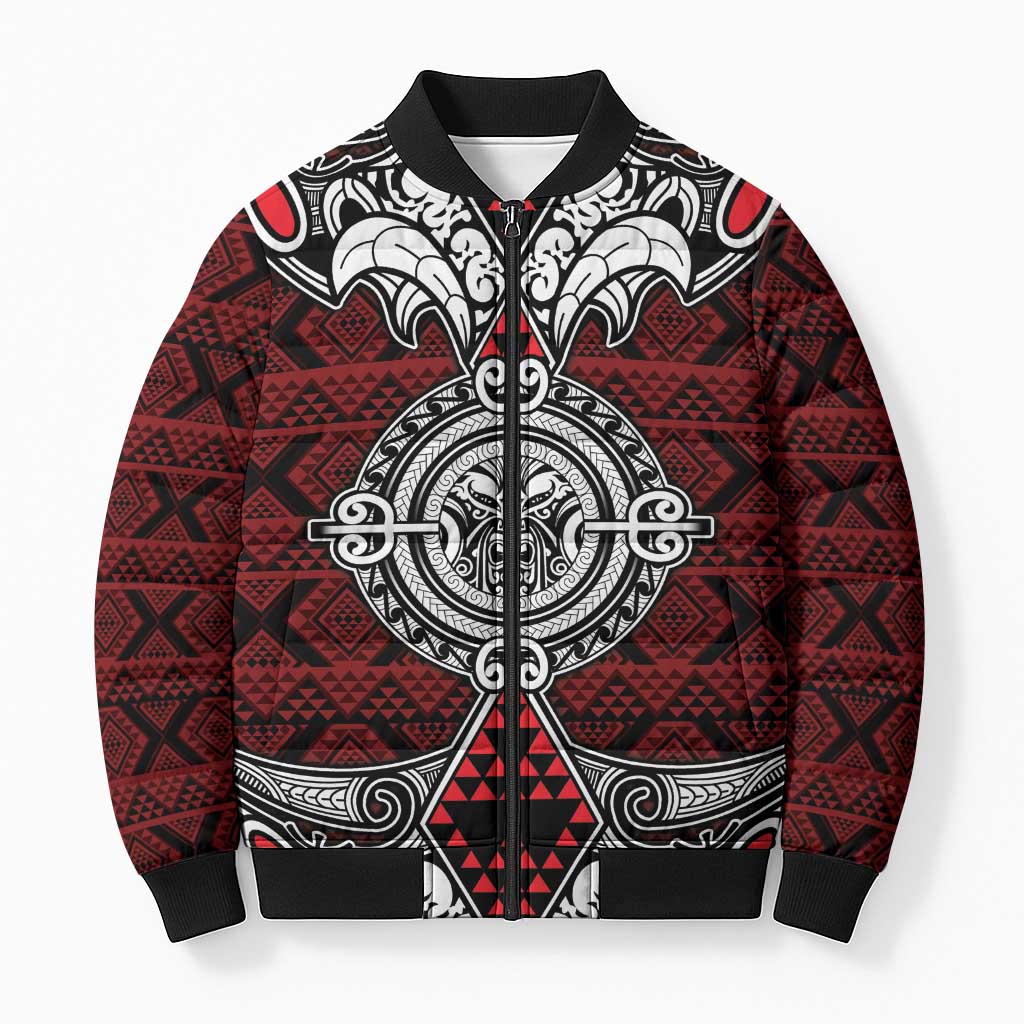 Red Aotearoa Taniko Motif Bomber Puffer Jacket Vintage Maori New Zealand Tribal Art Pattern LT9 Unisex Red - Polynesian Pride
