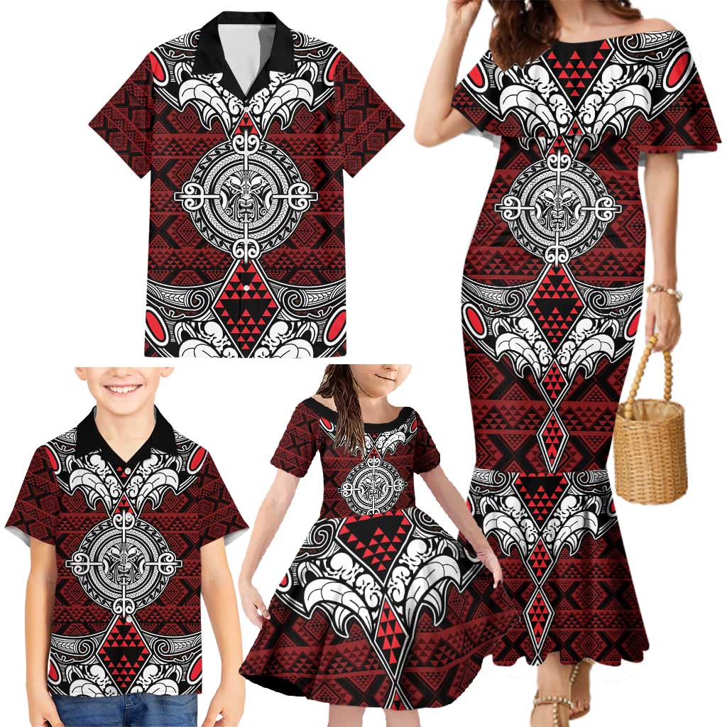 Red Aotearoa Tanilo Motif Family Matching Mermaid Dress and Hawaiian Shirt Vintage Maori New Zealand Tribal Art Pattern