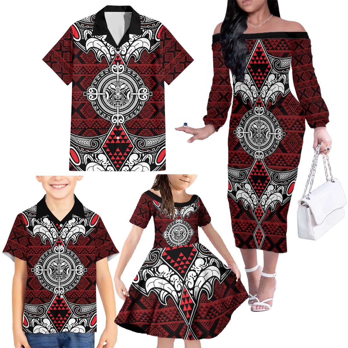 Red Aotearoa Tanilo Motif Family Matching Off The Shoulder Long Sleeve Dress and Hawaiian Shirt Vintage Maori New Zealand Tribal Art Pattern