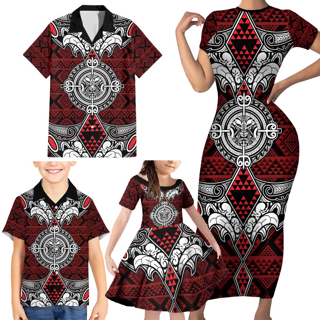 Red Aotearoa Tanilo Motif Family Matching Short Sleeve Bodycon Dress and Hawaiian Shirt Vintage Maori New Zealand Tribal Art Pattern