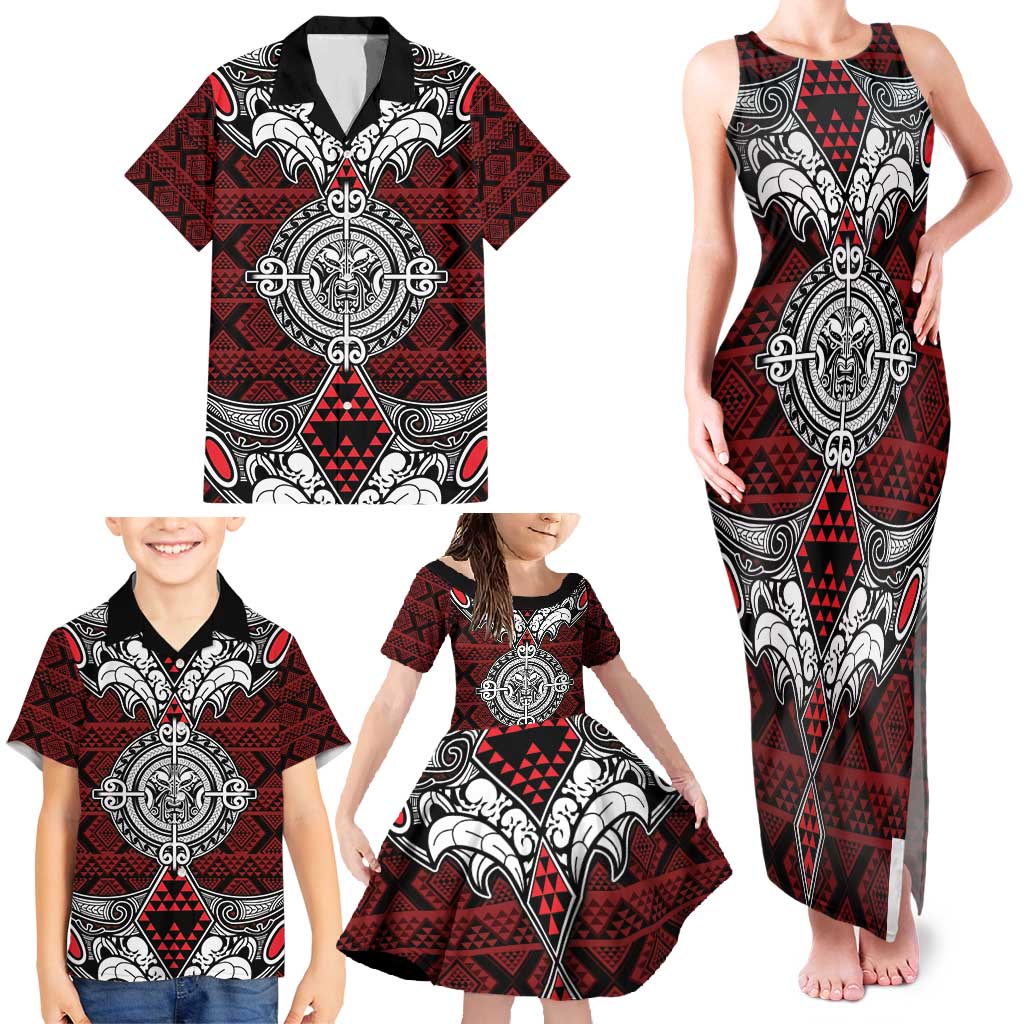 Red Aotearoa Tanilo Motif Family Matching Tank Maxi Dress and Hawaiian Shirt Vintage Maori New Zealand Tribal Art Pattern