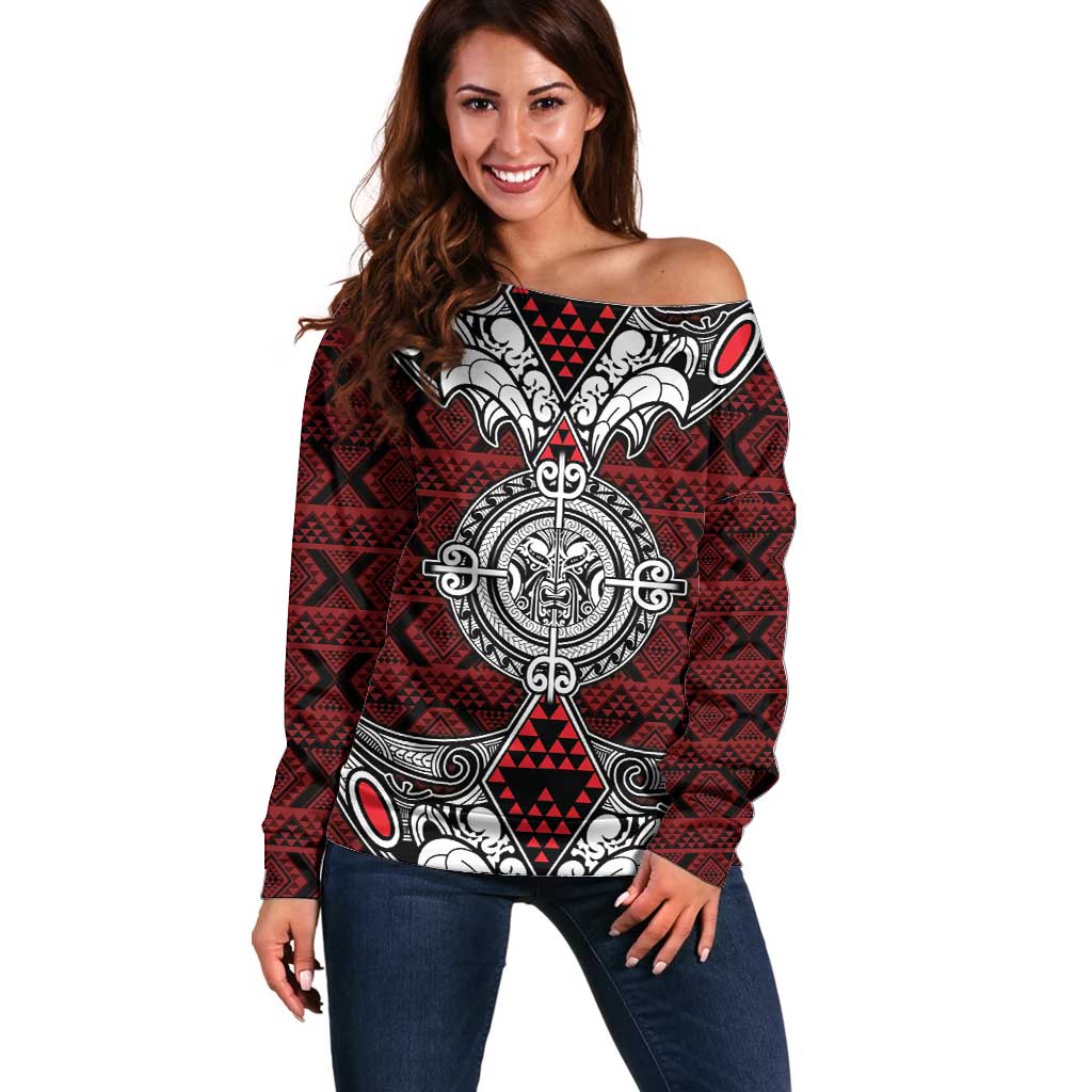 Red Aotearoa Tanilo Motif Off Shoulder Sweater Vintage Maori New Zealand Tribal Art Pattern LT9 Women Red - Polynesian Pride
